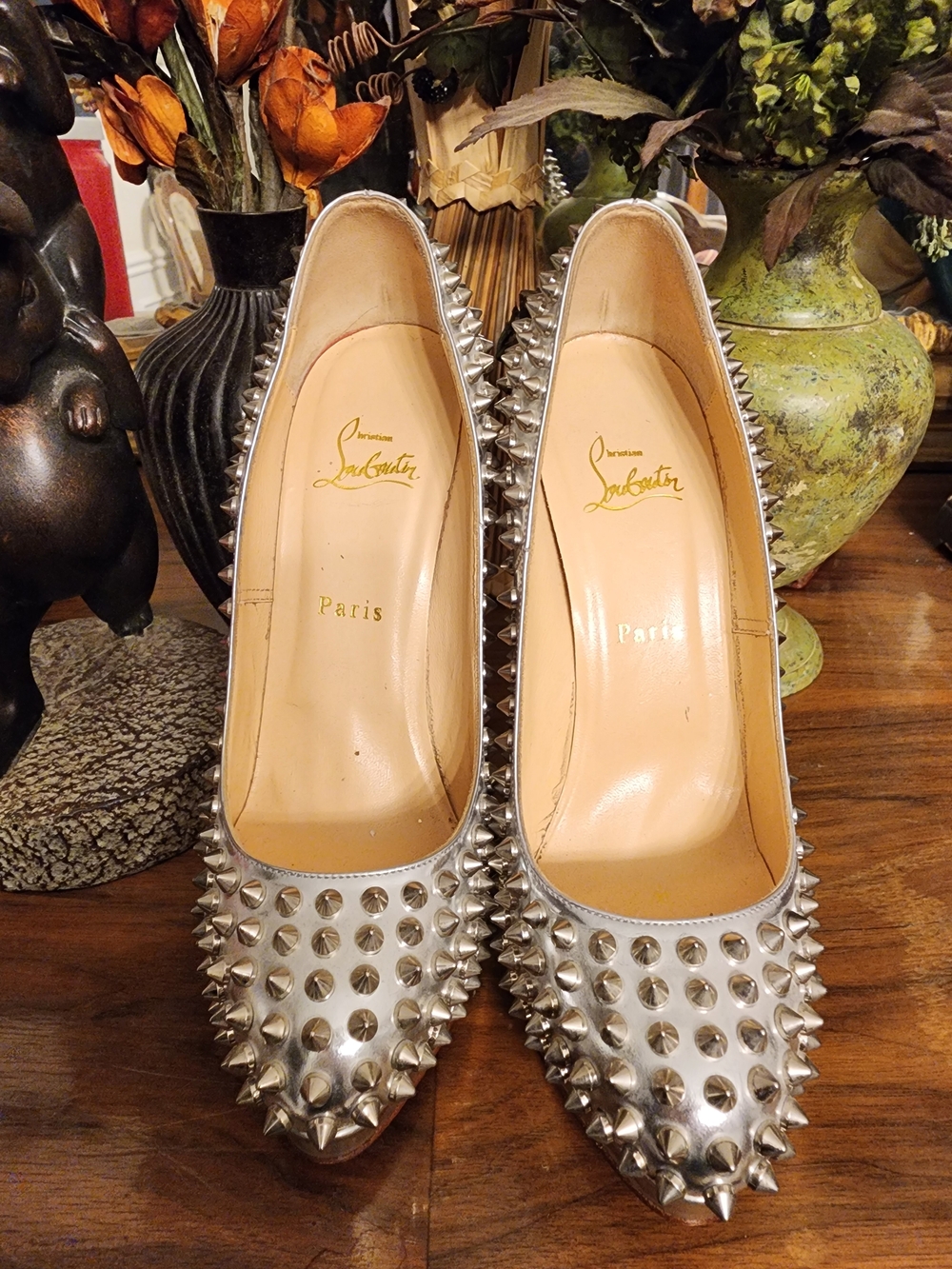 Christian Louboutin Silver Spike-Studded Platform Pumps with Red Soles - Picture 3 of 3